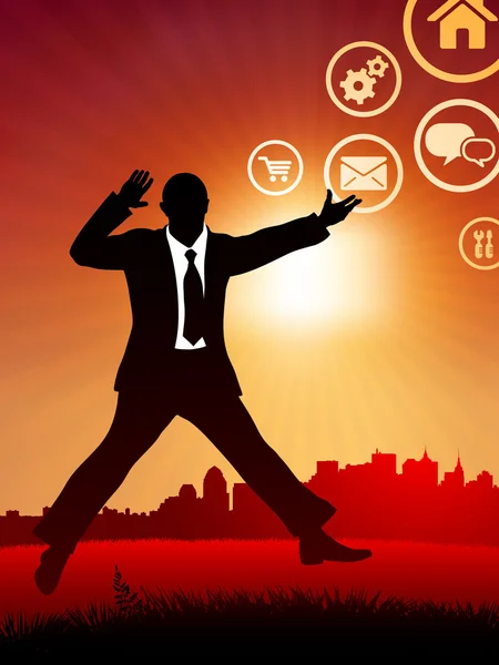 Homme d'affaires excité sur internet coucher de soleil fond et skyline — Image vectorielle