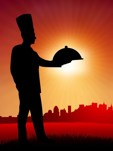 Šéfkuchař na slunce pozadí s panorama — Stockový vektor