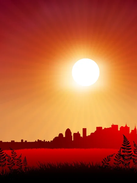 Захід сонця над міським тлом — стоковий вектор