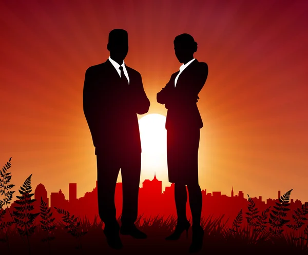 Homme d'affaires et femme d'affaires sur fond de coucher de soleil — Image vectorielle