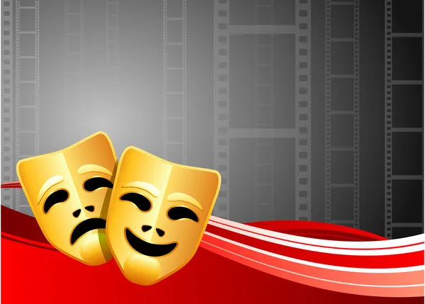 Máscaras de comedia y tragedia en el fondo del carrete de película — Vector de stock