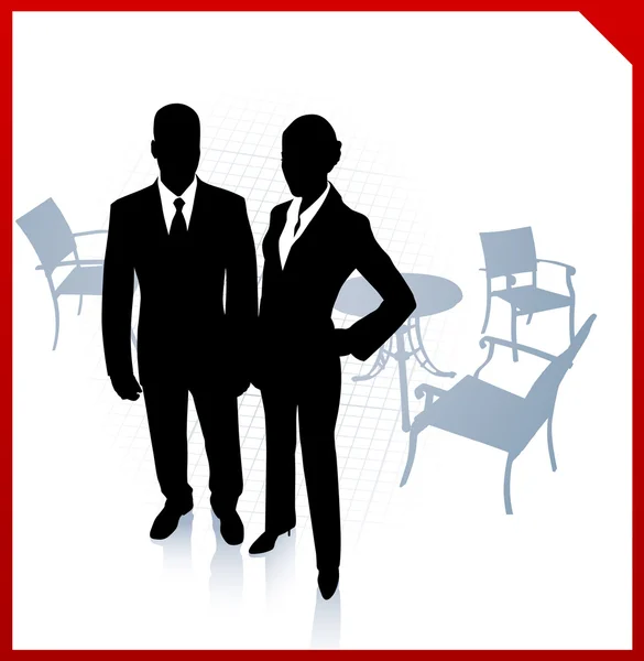Homme d'affaires et femme d'affaires pendant la pause sur backgro frontière rouge — Image vectorielle