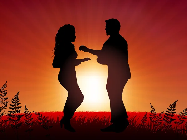Couple dancing on sunset background — Stock Vector