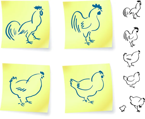 Rooster and chickens on post it notes — Stock Vector