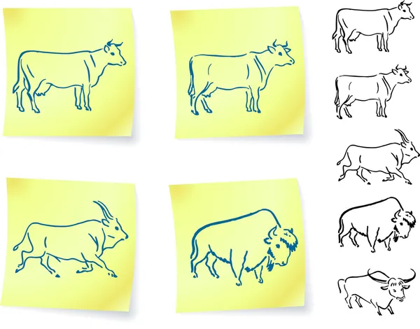 Cow buffalo and bison on post it notes — Stock Vector