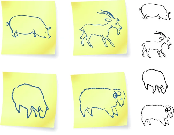 Pig, goat, ram and sheep on post it notes — Stock Vector