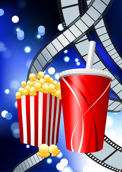 Popcorn et soda sur fond de bande de film — Image vectorielle