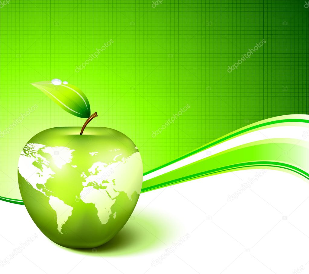 Apple Globe with World Map on Abstract Green Background
