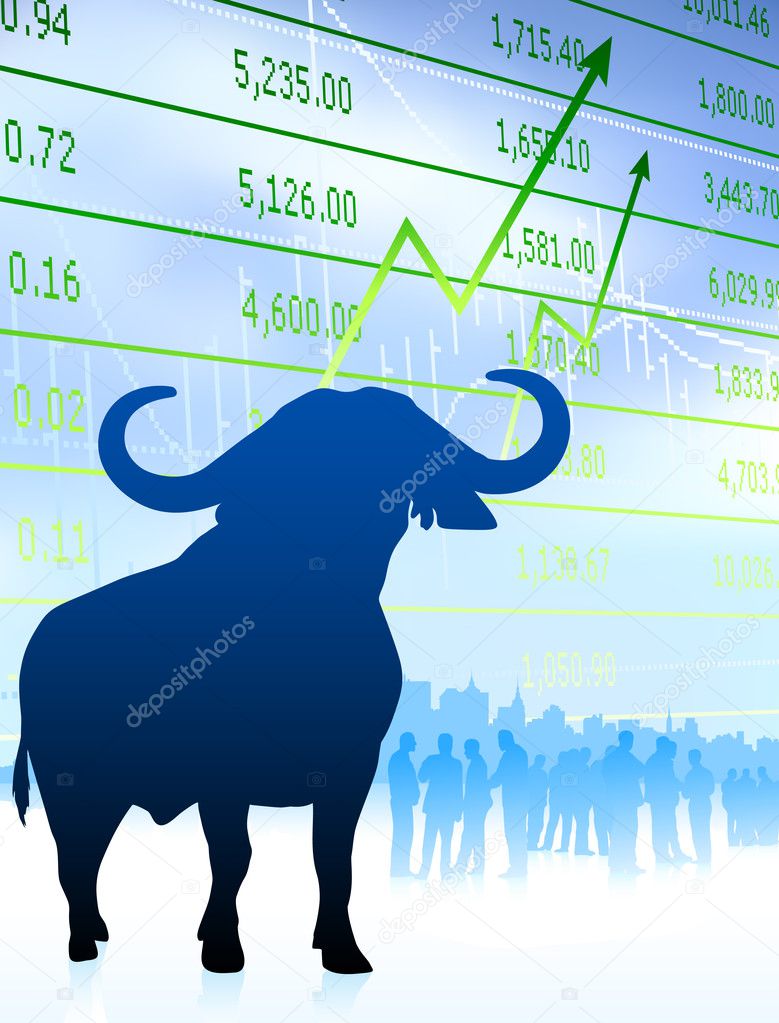 bull on stock market background with financial team