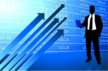 Business man on background with stock market data clipart