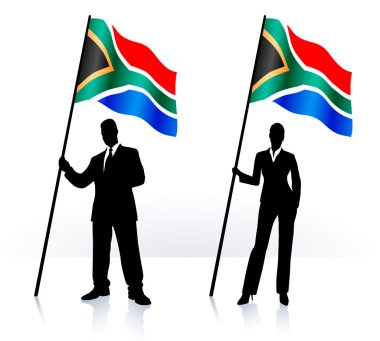 Business silhouettes with waving flag of South Africa clipart
