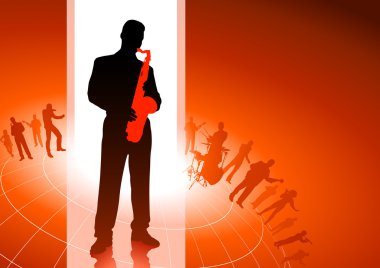 Saxophone player with musical group background clipart