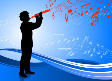 Clarinet player on abstract blue background clipart