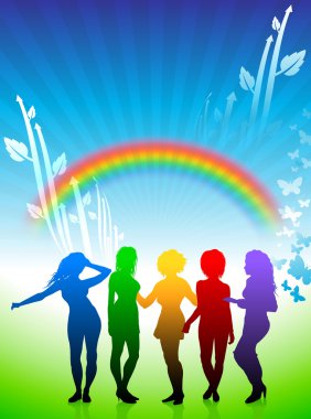 Sexy young women dancing on rainbow nature background clipart