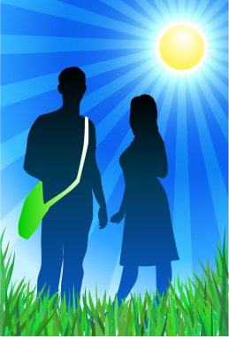 Traveling couple on sunny summer background clipart