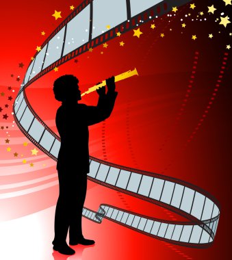 Clarinet player on film reel background clipart