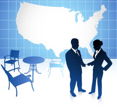 Businessman and businesswoman meeting at cafe on united states b clipart