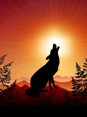 Wolf Howling on sunset background clipart