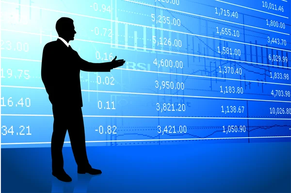 Homem de negócios em segundo plano com dados do mercado de ações —  Vetores de Stock