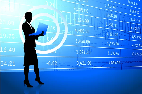 Businesswoman holding laptop on stock market background — Stock Vector