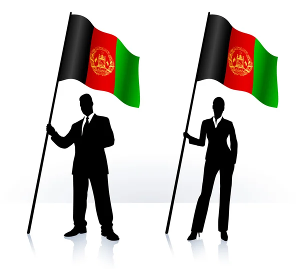 Sílhuetas de negócios com bandeira ondulante de Afganistão — Vetor de Stock