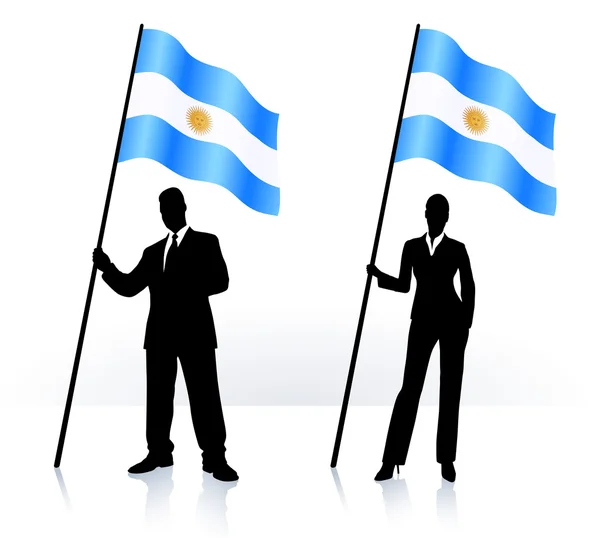 Business silhouettes with waving flag of Argentina — Stock Vector
