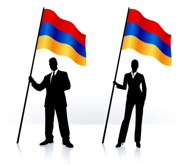 Business silhouettes with waving flag of Armenia — Stock Vector
