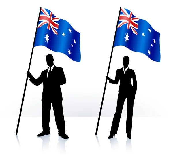 Business silhouettes with waving flag of Australia — Stock Vector