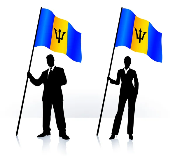 Business silhouettes with waving flag of Barbados — Stock Vector