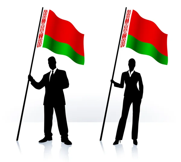 Sílhuetas de negócios com bandeira ondulante da Bielorrússia — Vetor de Stock