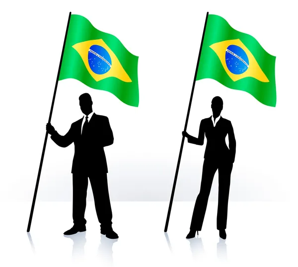 Business silhouettes with waving flag of Brazil — Stock Vector