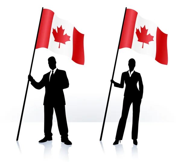 Business silhouettes with waving flag of Canada — Stock Vector