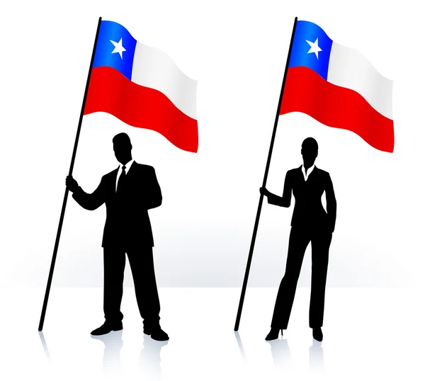 Zakelijke silhouetten met zwaaien vlag van Chili — Stockvector