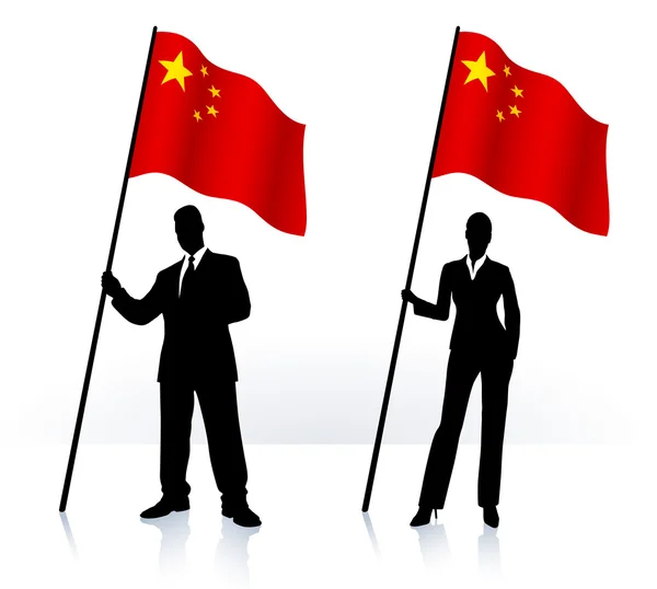 Business silhouettes with waving flag of China — Stock Vector