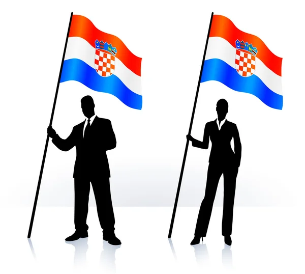 Business silhouettes with waving flag of Croatia — Stock Vector