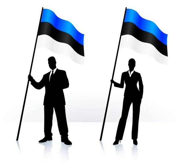 Business silhouettes with waving flag of Estonia — Stock Vector