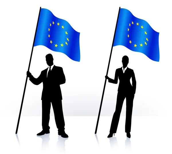 Unternehmenssilhouetten mit wehender Fahne der Europäischen Union — Stockvektor