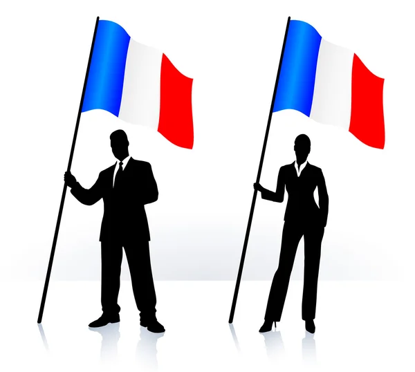Business silhouettes with waving flag of France — Stock Vector