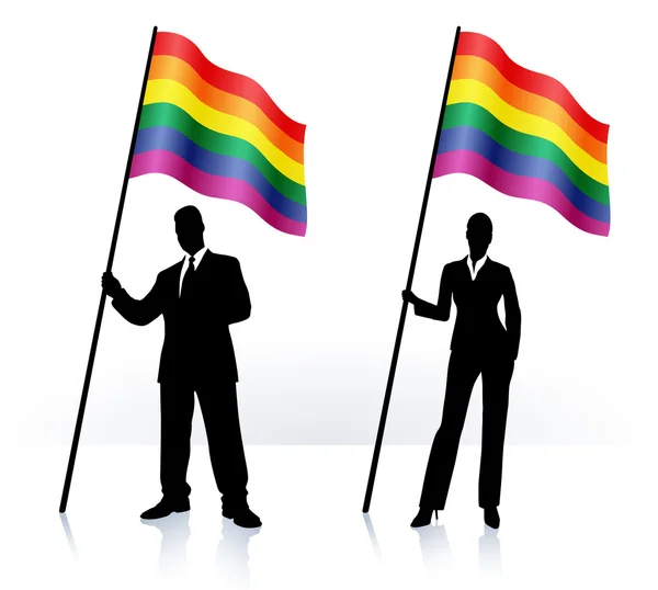 Gay pride bayrağı sallayarak ile iş silhouettes — Stok Vektör