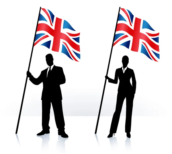 Business silhouettes with waving flag of United Kingdom — Stock Vector