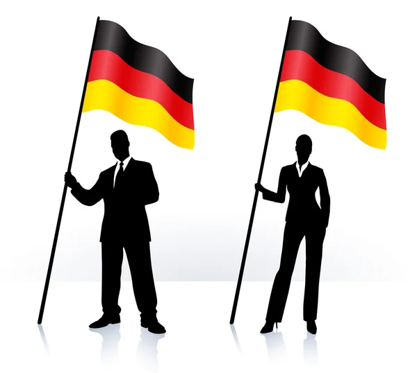 Business silhouettes with waving flag of Germany — Stock Vector
