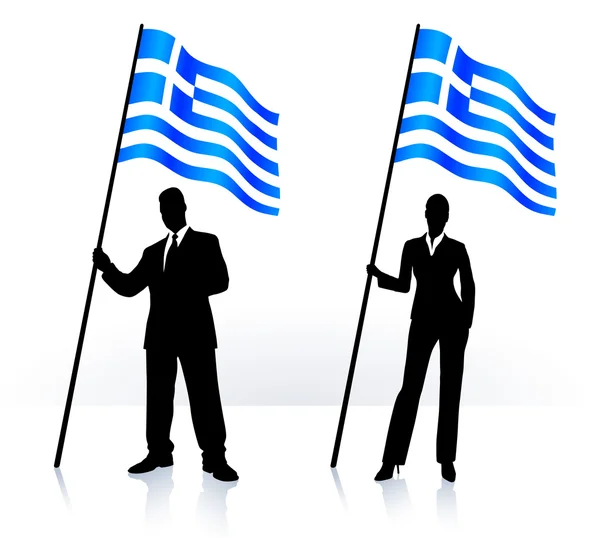 Business silhouettes with waving flag of Greece — Stock Vector