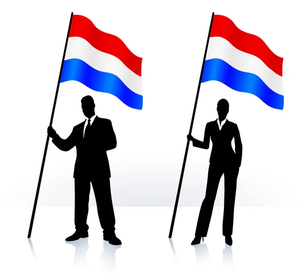 Business silhouettes with waving flag of Holland — Stock Vector