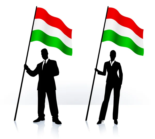 Silhouettes d'affaires avec drapeau ondulé de Hongrie — Image vectorielle