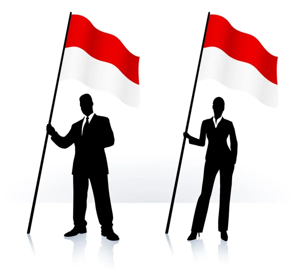 Endonezya bayrağı sallayarak ile iş silhouettes — Stok Vektör