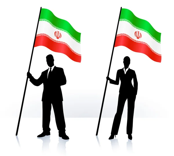 Business silhouettes with waving flag of Iran — Stock Vector