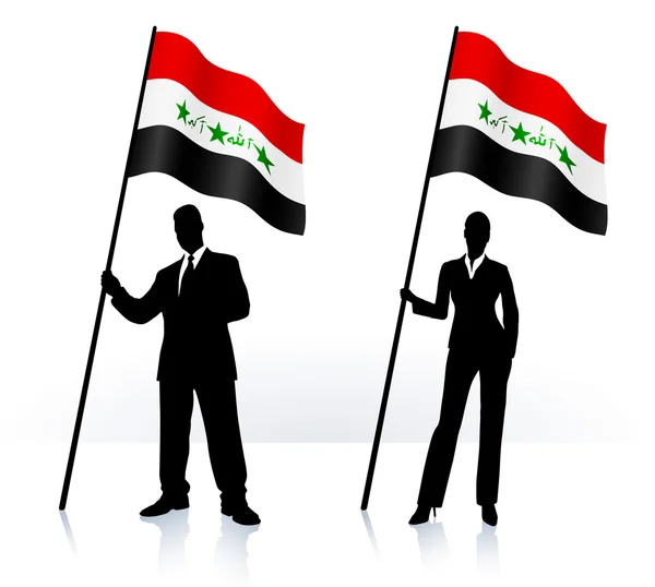 Business silhouettes with waving flag of Iraq — Stock Vector