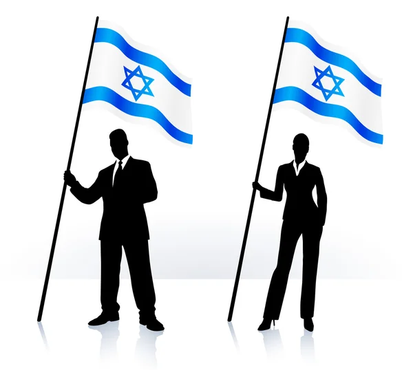 Business silhouettes with waving flag of Israel — Stock Vector