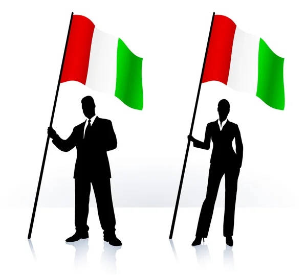 Business silhouettes with waving flag of Italy — Stock Vector