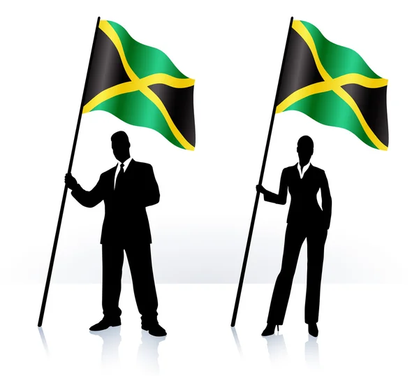 Sílhuetas de negócios com bandeira ondulante da Jamaica — Vetor de Stock